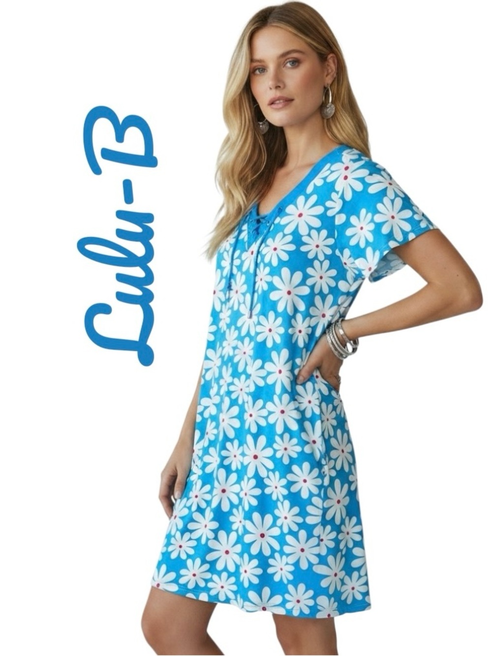 Lulu-B Resort Dress UPF 50+ Retro Style Daisy Floral Front/String Pullover Sz M